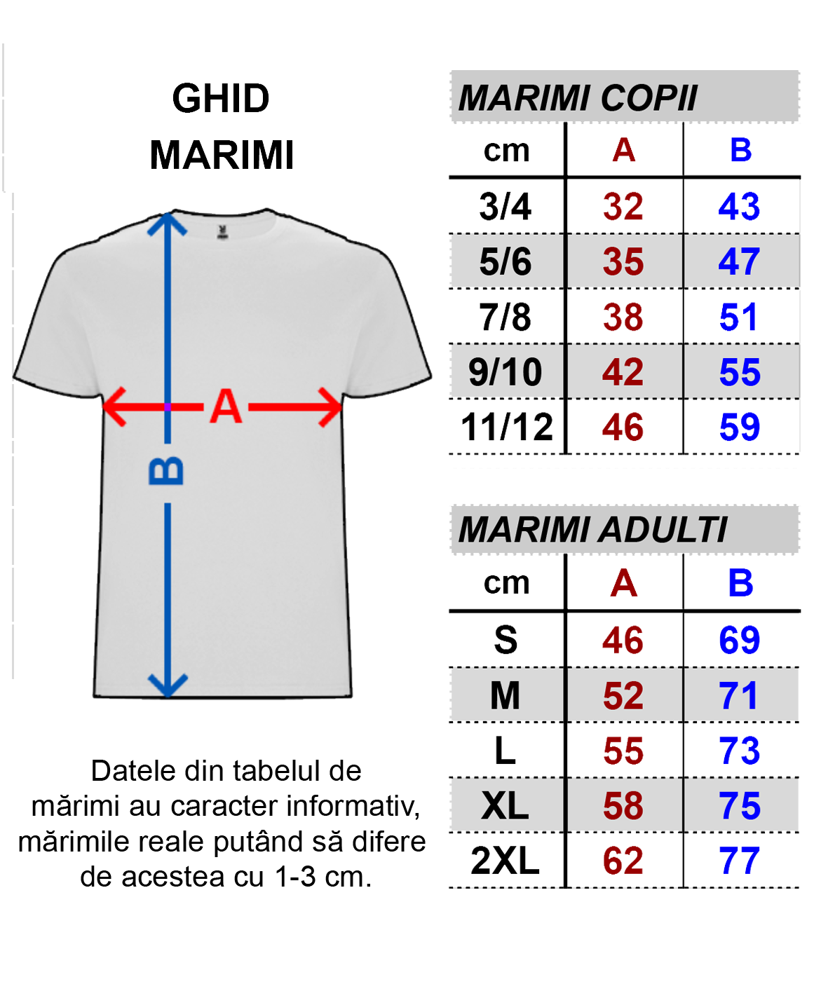 Ghid detaliat mărimi tricou Roly Stafford